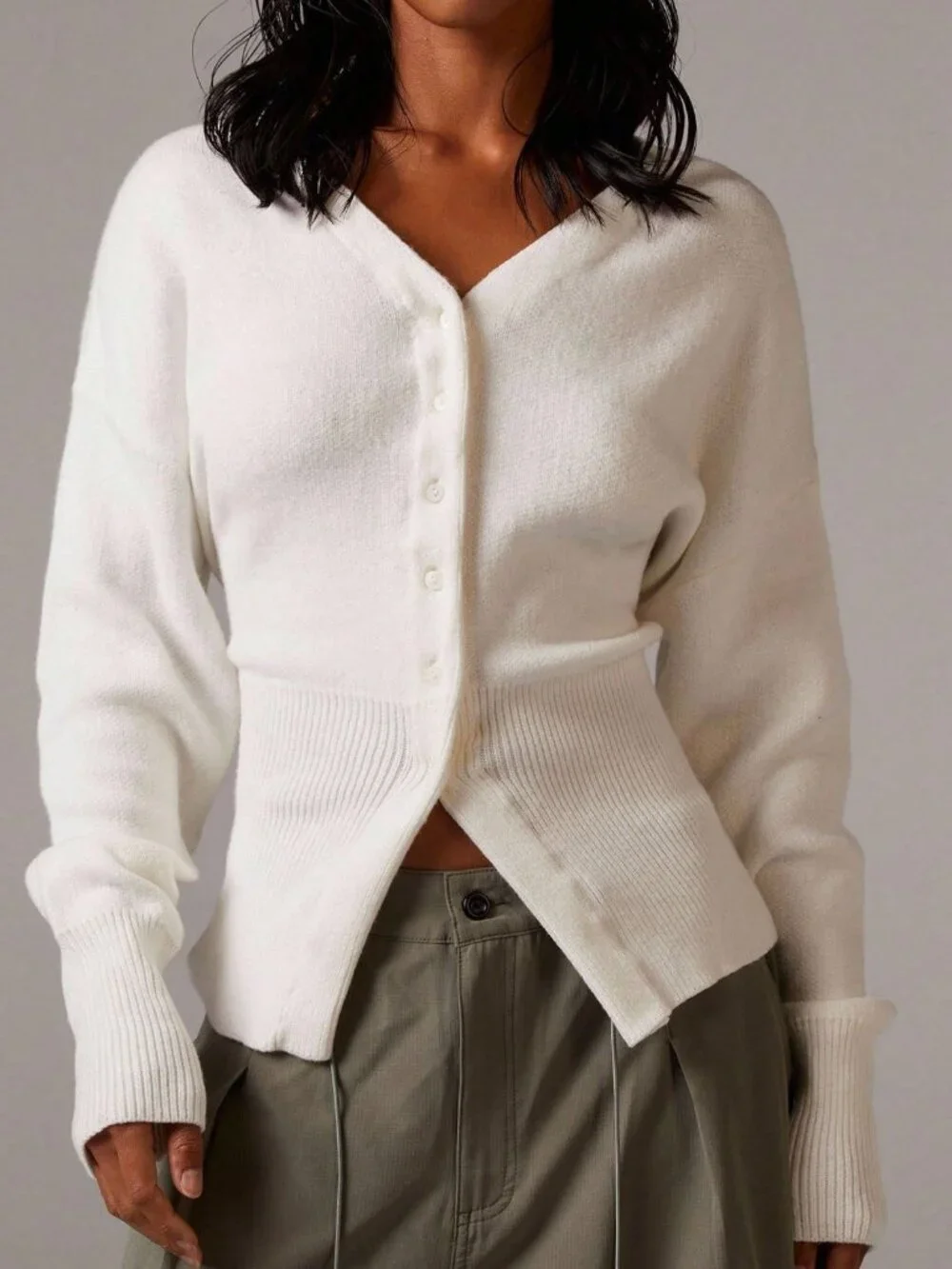 White Casual Women's Cinched Waist Knitted Cardigan